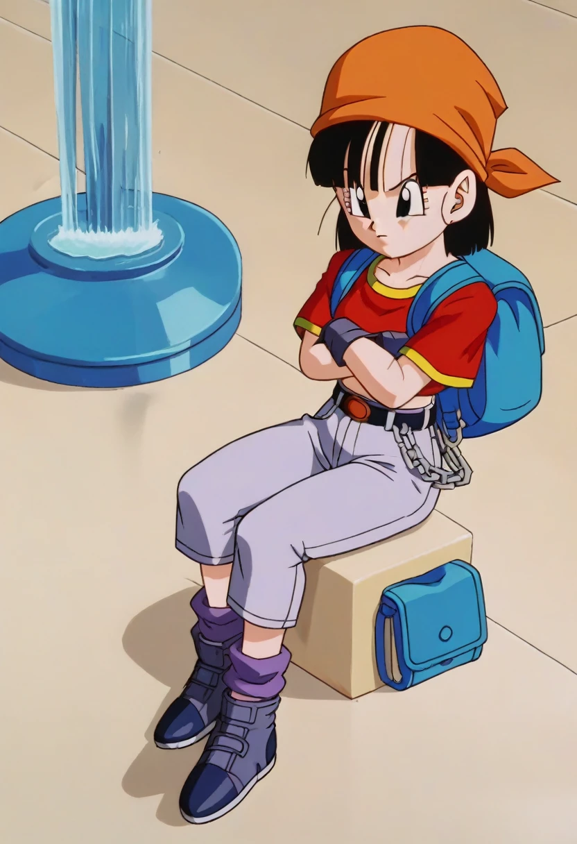 fountain_cheered up, score_9, score_8_above, score_7_above, cheered up screencap,8k, absurd resolution,
Pan \(Dragon Ball\), 1 girl, Alone, looking at the viewer, short hair, hits, black fur, session, whole body, short sleeves, sneakers, black gloves, golden ornaments, loose socks, belt, blue bag, black shoes, black eyes, chain, crossed arms, crossed legs, schoolbag, denim, Red shirt, orange scarf, retro artStyle, female , grey Pants, Waist bag, purple tights, Shoe soles, v shaped eyebrows, from below, rock, diaphragm, clavicle, 1990s \(Style\)
