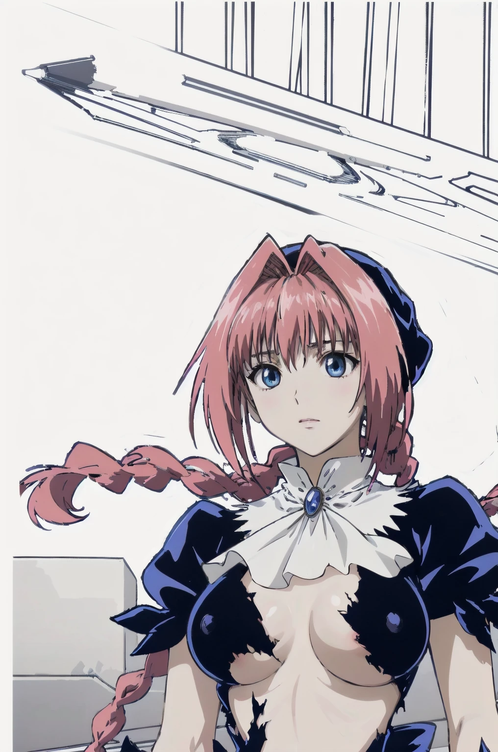 masterpiece, Highest quality,High resolution,Dorothy, Pink Hair、Bright Blue Eyes、Big black eyes、Braiding, Black Dress、Cowboy Shot、Line art、Pencil drawing、comics、alone、One、Torn clothes、tits、Large areola、Nipples