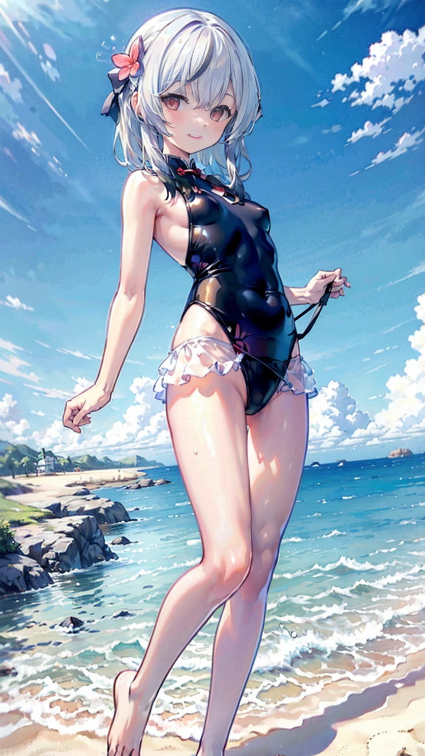 （Extremely detailed CG unified 8k wallpaper),(masterpiece), (Best quality), (Ultra Detailed), (Best Illustration),(The best shadow)，Standing by the sea，Taking off swimming trunks，Smile at me