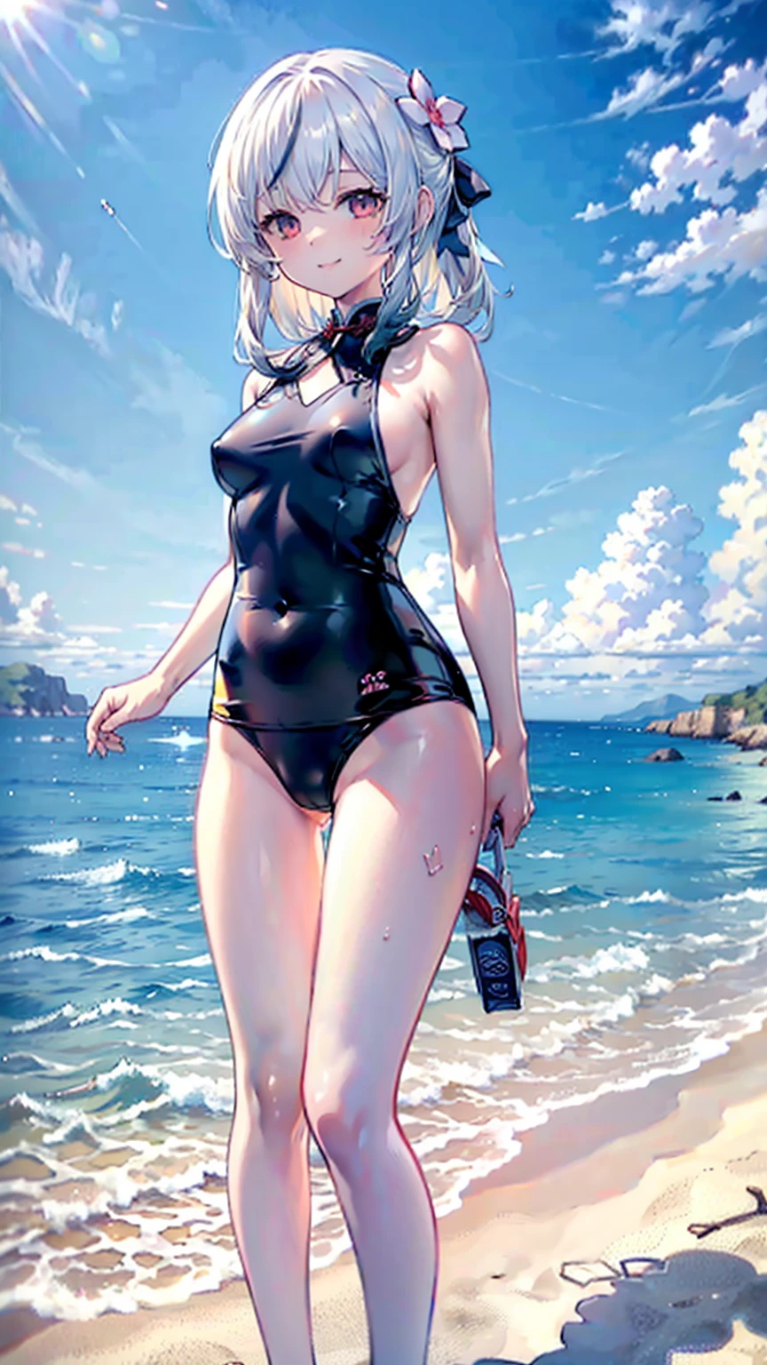 (Extremely detailed CG unified 8k wallpaper),(masterpiece), (Best quality), (Ultra Detailed), (Best Illustration),(The best shadow),Standing by the sea,Taking off swimming trunks,Smile at me