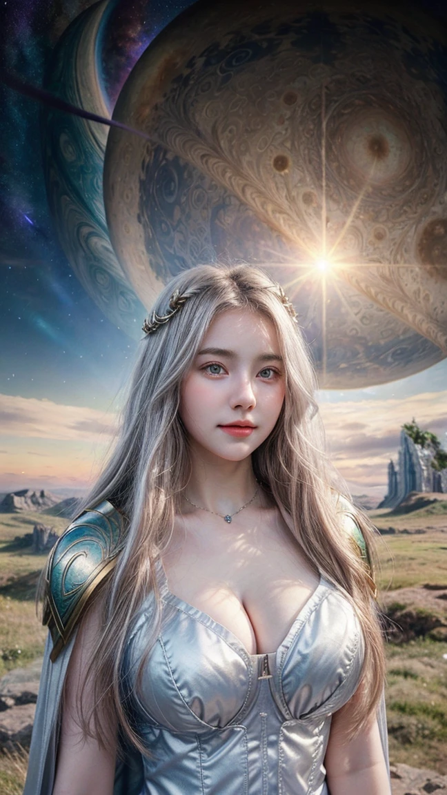 1 Girl, Beautiful, Baby Face, 20 Years Old, White Skin, Gigantic Colossal Chest, Sleeveless, Cleavage, She is Princess of Asgard Cosplay Costumes, Primcess Cloak, View of Empty Land, The Huge Planet Jupiter Can Be Seen In The Sky, Silver Straight Hair, ((adorable:1.3)), ((masterpiece:1.1))