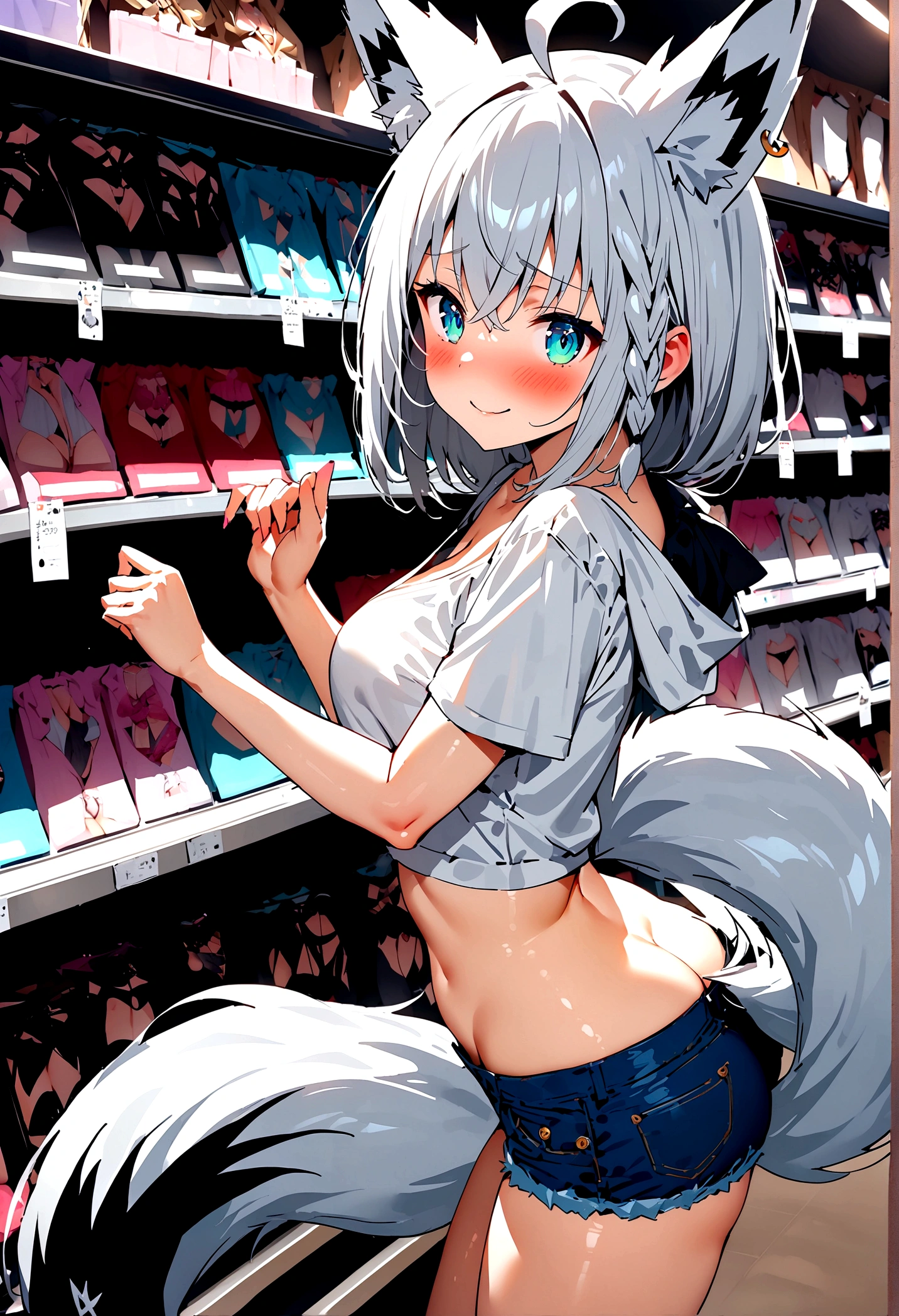 NSFW,masterpiece,Highest quality,High resolution,Super detailed,Shirakami Fubuki\(Hololive\),Gray Hair、One-sided braid、Ahoge、Earrings,Fox ears,Fox tail,Jacket,Crop top shirt,Low-rise denim shorts,Embarrassed,blush,Expecting face,Bewitching Smile,Sexy smile,(Adult Shop),(Underwear section),(Naughty shop),Cute pose,Date,(Seduce),From the side