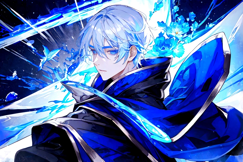 Sorcerer Divine Soul man, he has a silver hair and blue eyes, he wear a hood and wear gloves.