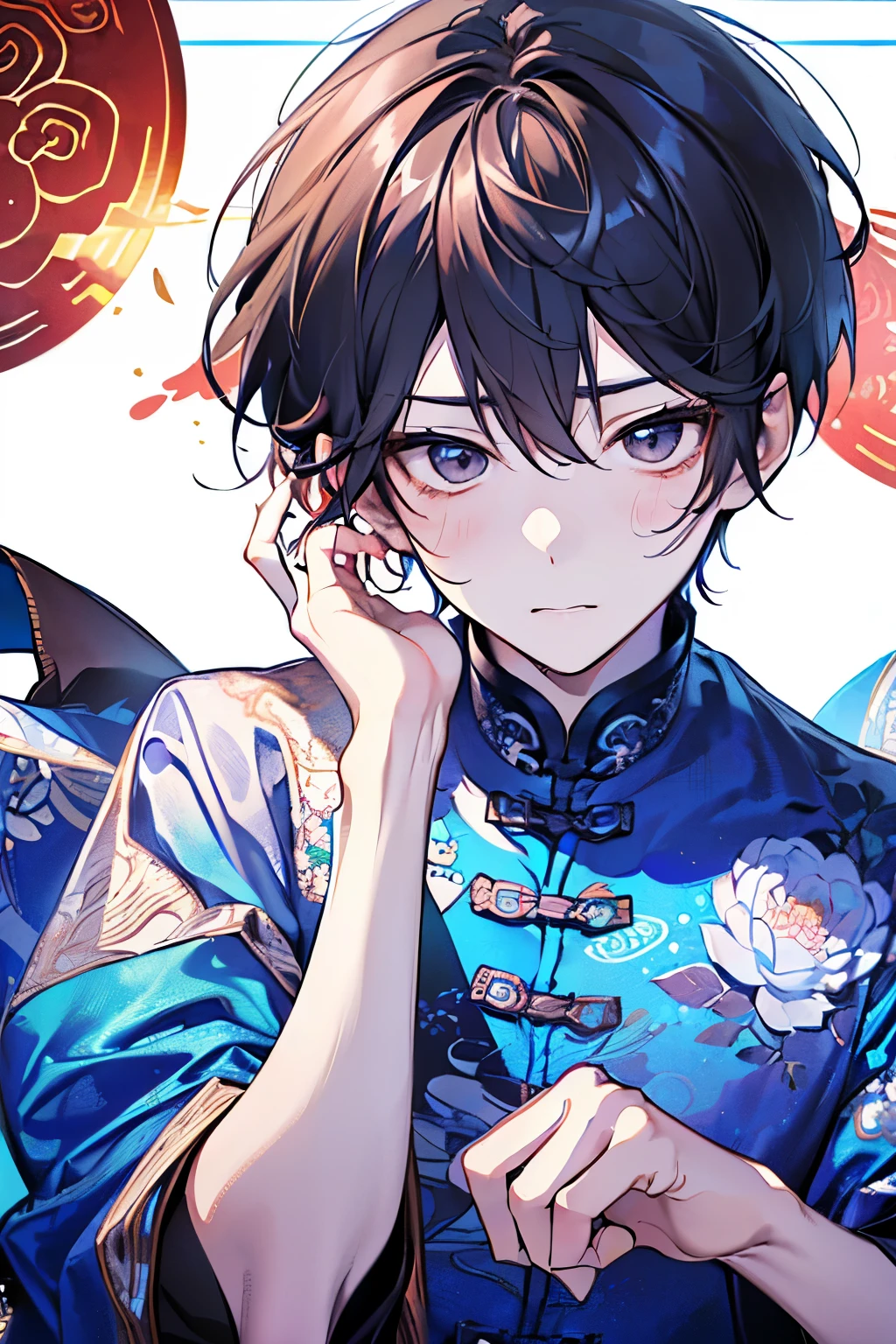 ((cute,kawaii,wonderland)),(Embarrassed、🥺),(Embarrassed pose with hands on face:1.25),((boy,Men's,male:1.2)),((1.25)),((POP modern clothes:1.25)),((和風male性アイドル:1.15)),Angle from below,Angle of incitement,((Stardust Road)),(Short Hair:1.3),Close-up of face.