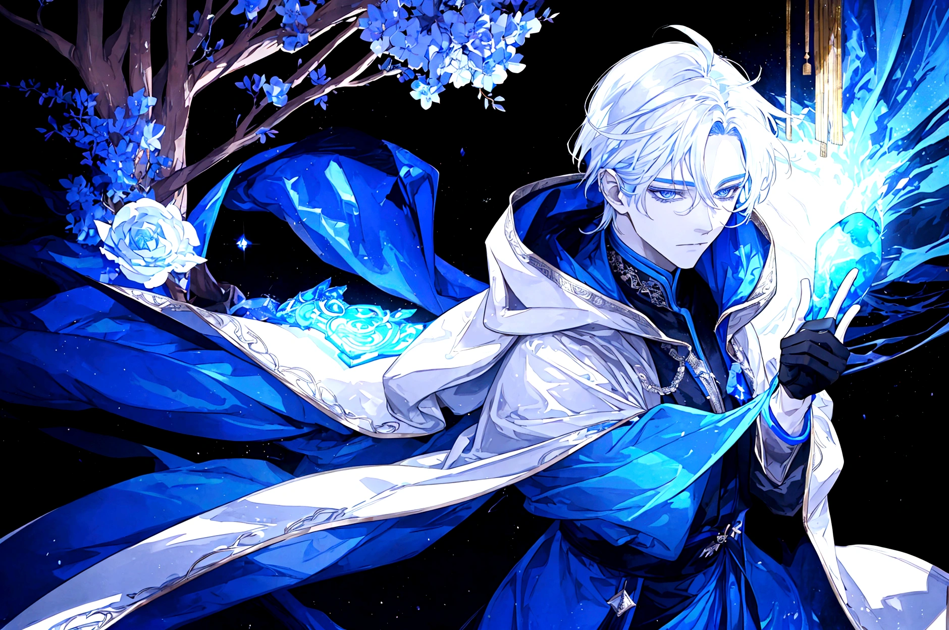 Sorcerer Divine Soul man, he has a silver hair and blue eyes, he wear a hood and wear gloves.