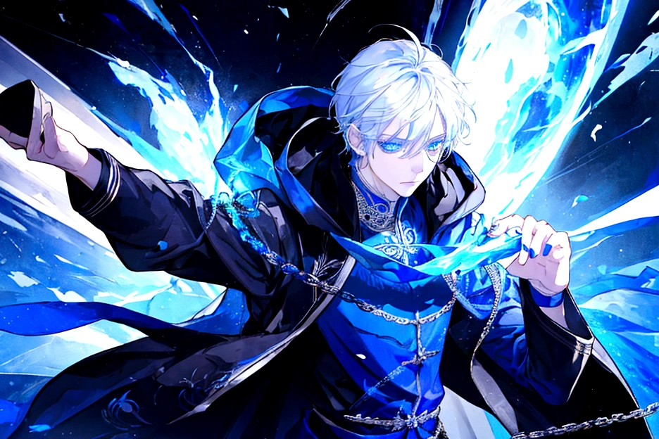 Sorcerer Divine Soul man, he has a silver hair and blue eyes, he wear a hood and wear gloves.