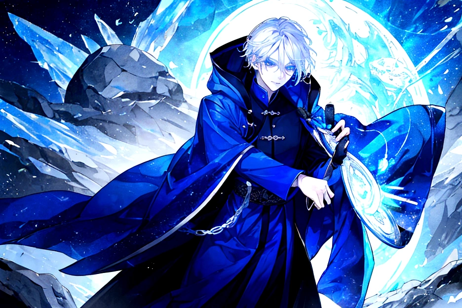 Sorcerer Divine Soul man, he has a silver hair and blue eyes, he wear a hood and wear gloves.