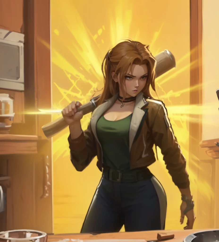 anime style picture of a woman holding a baseball bat in a kitchen, in hearthstone art style, wielding an axe, from hearthstone, attacking with axe, stylized urban fantasy artwork, brigitte, iconic character splash art, female thief, she is holding a sword, holding a baseball bat!!, (sfw) safe for work, with a two handed axe