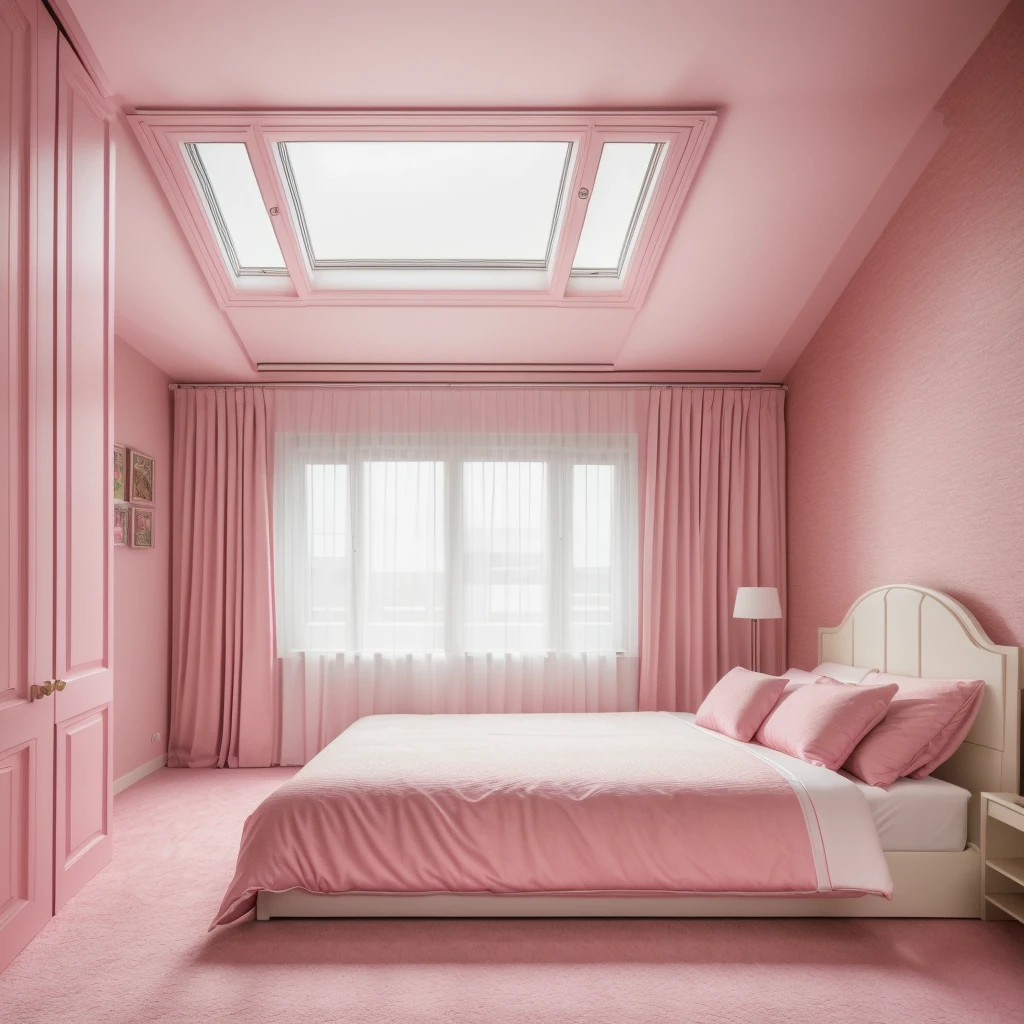 RAW photo, bed room modern, pink bed, window big, Masterpiece, high quality, (realistic), (masterpiece,best quality:1.2), quality, authentic, super detail, interior,daylight, vray, luxury, 8k uhd, dslr, soft lighting, high quality, film grain, Fujifilm XT3