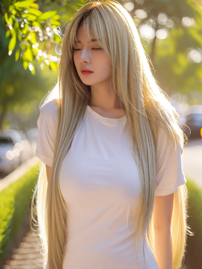 Gorgeous adult woman wearing white shirt, long blonde hair and bang, soft light, high quality, 4k resolution