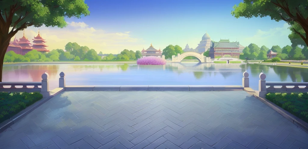 There is a painting，There is a bridge across the lake in the painting，There is also a bridge in the background, Royal Garden Background, Park Background, background technology, Palace Background, background technologywork, anime background technology, Volleyball court background, Downtown Background, Beautiful lake background, ballroom background, Anime Background, Fairy tale style background, Temple Background, Realistic detailed background, Game Background, mobile Game Background