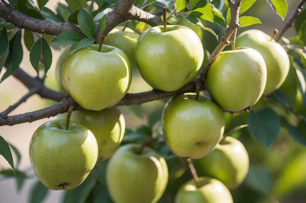 Green apples on branch，luxuriant