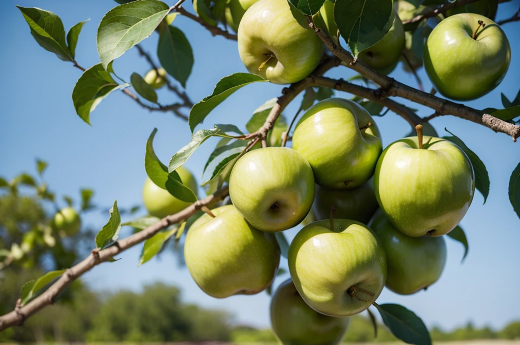 Green apples on branch,luxuriant