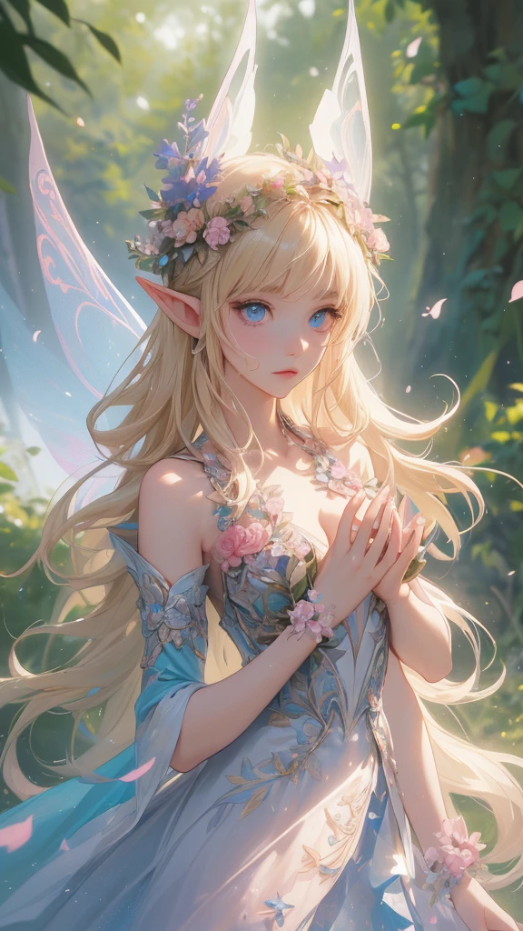 work of art, ultra creative, epic details, ultra detaild, best resolution,a fairy, blonde, (BEAUTIFUL ELF), ( robust wreath of pink and blue leaves and flowers), sculptural body, (clothes made of leather), ((perfect hands))), ( scenario:Enchanted Forest ), no mistakes, ((( epic details na face ))), ((( ultra perfect eyes )))