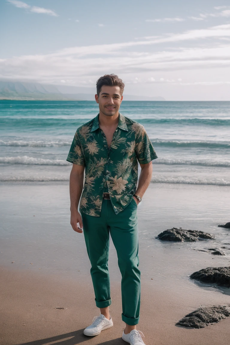 8k contract, SLR camera, high quality , Raw photo, Realistic photography , whole body, Fujifilm XT3, canon R5, Handsome men , beach , Hawaiian Shirt and Loose Green Pants.