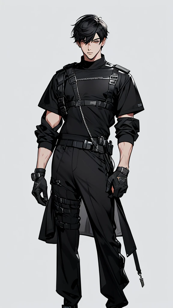 masterpiece, very detailed, 4K, 8K, 32,000, convoluted, (((1st son))), ((black hair)), ((no background)), white background, 20 years old, (((the same character))),Modern clothing, Detailed clothes, (slim body), (cold colors dim lighting) black hair eyes black (perfect face) ,character design police man, full body, black hair, (Composition looking straight ahead), soldier, {full body}, handsome, short sleeves, ((Posture of covering head with hands))
