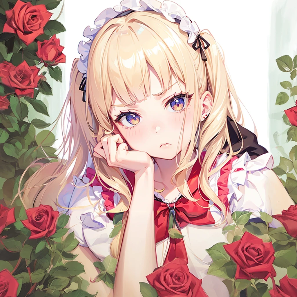 masterpiece, Highest quality, (alone focus), (Perfect Face:1.1), (High detail:1.1), (Ultra-detailed eyes), dramatic, 1 person, (Pale skin), Long blonde hair, Psychic Eyes, (Thin eyebrows), alone, Long Hair, , Pouting,garden, Detailed Background, Art by artgerm, Cinema Lighting, rose, fashion, Lolita、cute