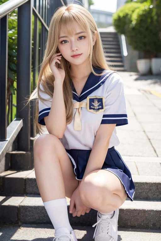Her windblown blonde hair obscures her pretty face..、Bangs that flow between the eyes、Sexy big 、16 year old cute little smile、Shiny, bright, straight, super long blonde hair、Cute and beautiful long, smooth bangs covering the area between the eyes、Long, straight, silky hair、sexy and cute beautiful young girl、clear, white and Shiny skin、Shiny skin、Beautiful Face、Beautiful brown eyes that shine so brightly、Very big eyes、Small Face Beauty、Perfect beauty、(Full body 2:1)、(high school girl)、Shot from the bottom of the stairs、uniform、Sailor suit、Short sleeves、Navy blue short skirt、loose socks、Leather shoes、Her white pants are slightly visible、Sexy pose、gravure、 information