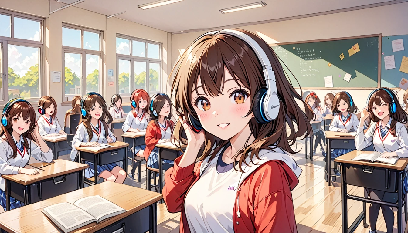 Girl wearing headphones,Brown Hair,One girl,fun,bright,jazz,The background is the classroom,Other people don't draw
