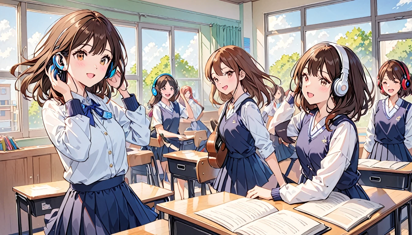 Girl wearing headphones,Brown Hair,One girl,fun,bright,jazz,The background is the classroom,Other people don&#39;t draw