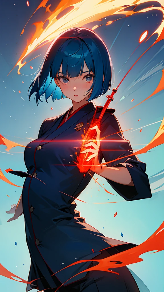 A girl with blue hair and a bob cut wearing a navy blue suit。Japanese styleの小物が周りに浮遊している、Japanese style、There is a bright red flame effect that looks like a splash of water.。The girl has supernatural powers and can levitate two swords in the air.。The background is space-like、Behind the character is a huge scroll with beautifully written characters.。The overall image is red。