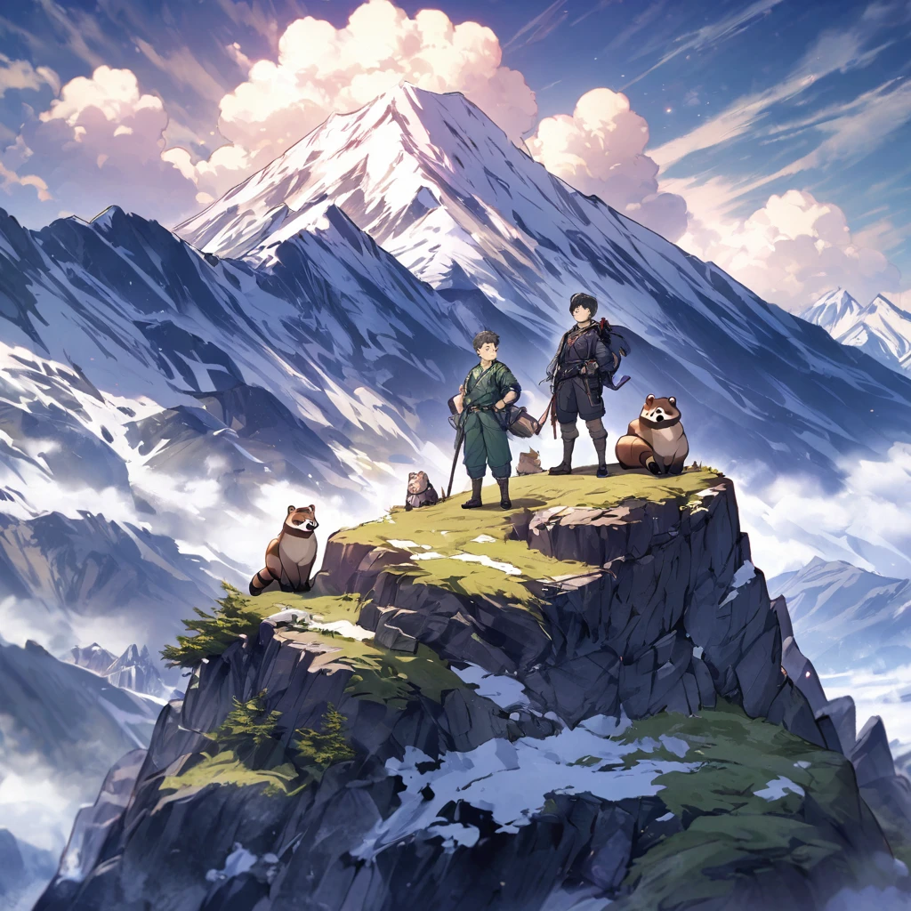 Male trunks black hair short hair smile raccoon figurine half-naked mountain