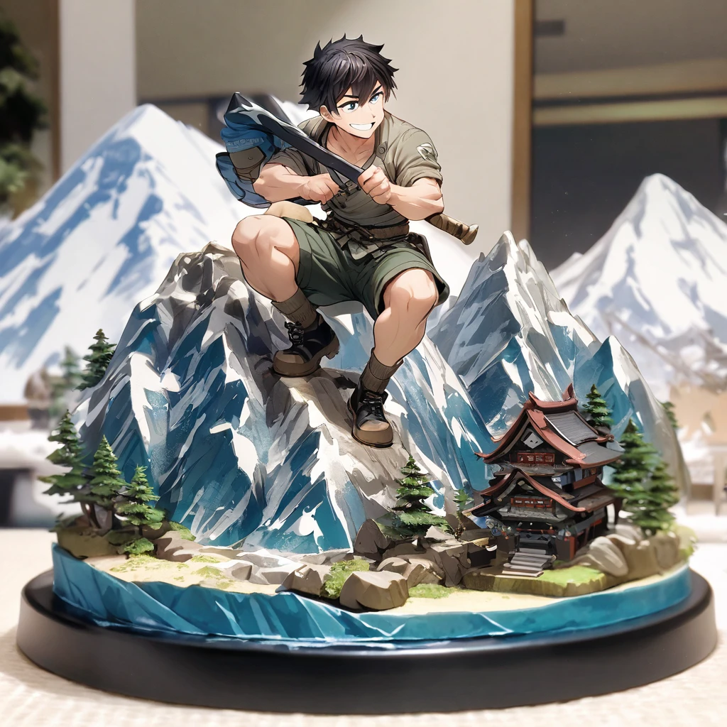 Male trunks black hair short hair smile raccoon figurine half-naked mountain