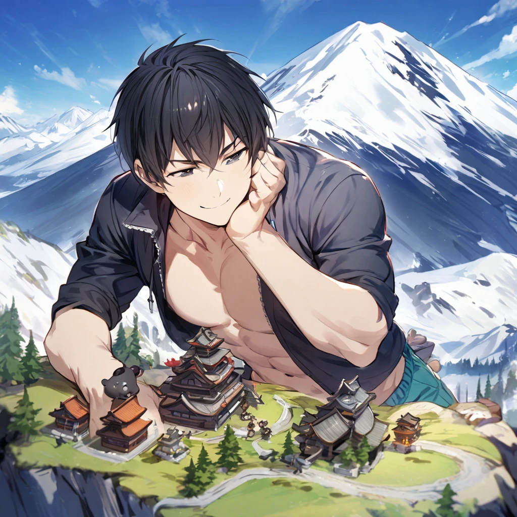 Male trunks black hair short hair smile raccoon figurine half-naked mountain