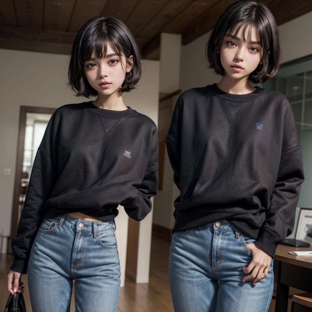beautiful girl, short hair, black and straight, big brown eyes, Dark skin, thin and short stature, smoking, dressed in a purple sweatshirt and black jeans