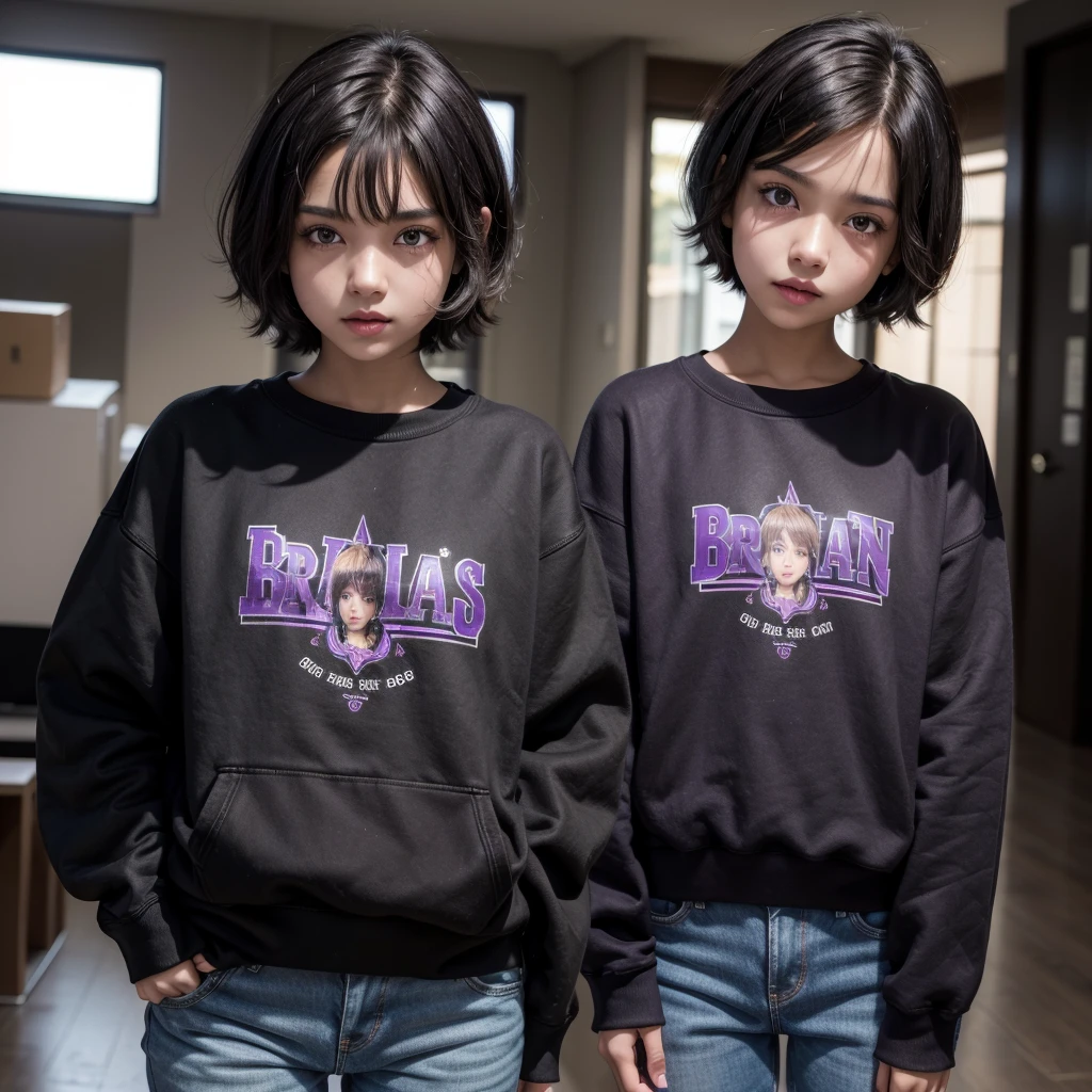 beautiful girl, short hair, black and straight, big brown eyes, Dark skin, thin and short stature, smoking, dressed in a purple sweatshirt and black jeans