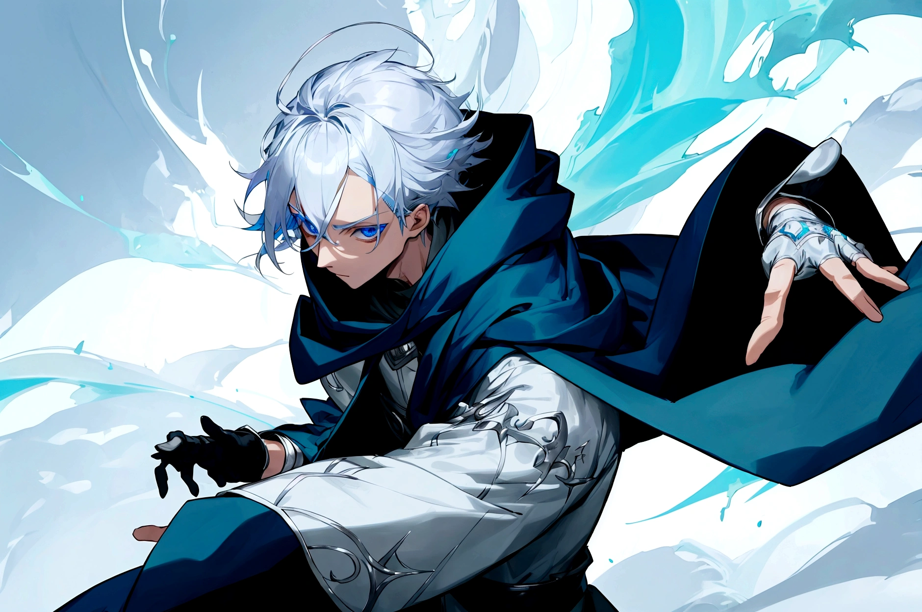 Sorcerer Divine Soul man, he has a silver hair and blue eyes, he wear a hood and wear gloves.