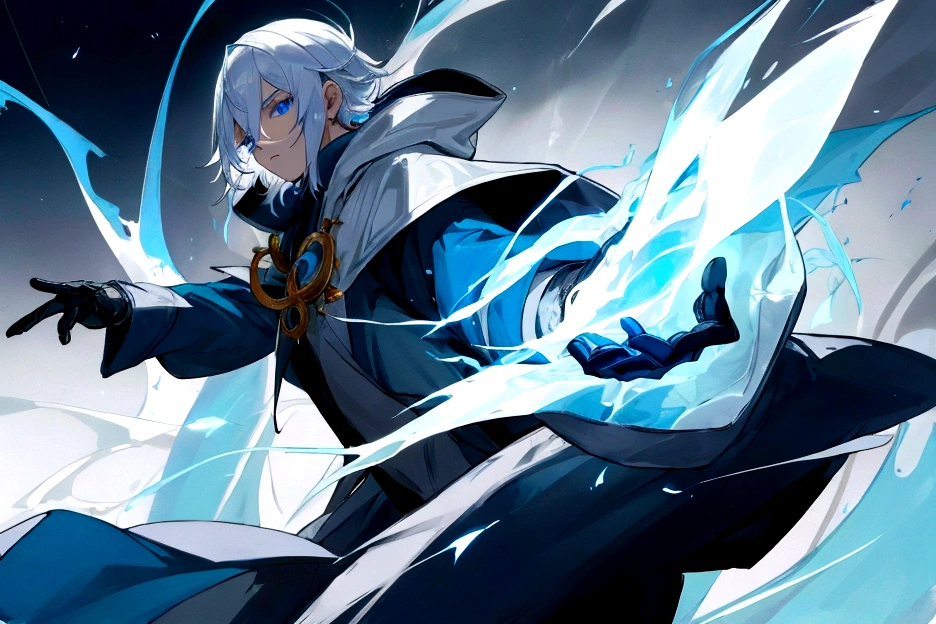 Sorcerer Divine Soul man, he has a silver hair and blue eyes, he wear a hood and wear gloves.