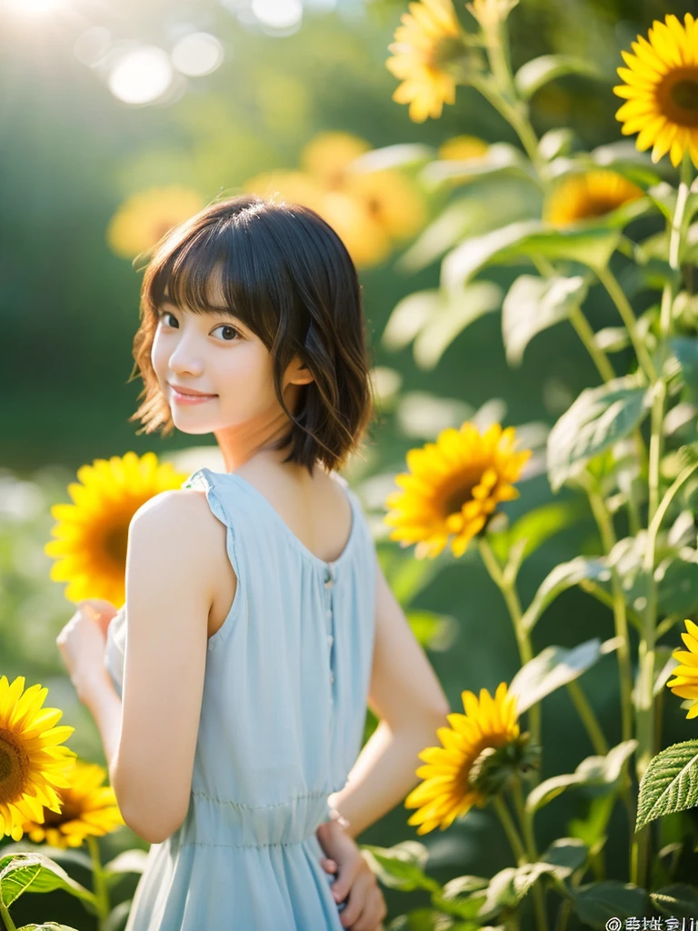 Image quality:best quality
Camera Focus: blur background
light:Side light
composition:Composition of thirds、Standing in front、Looking at the camera person:20 years old woman,Japanese,actress
pose:Hands behind the back:Sunflower hairstyle: Short Bob、Swinging Hair、With bangs
Dress:casual
facial expression: happy
