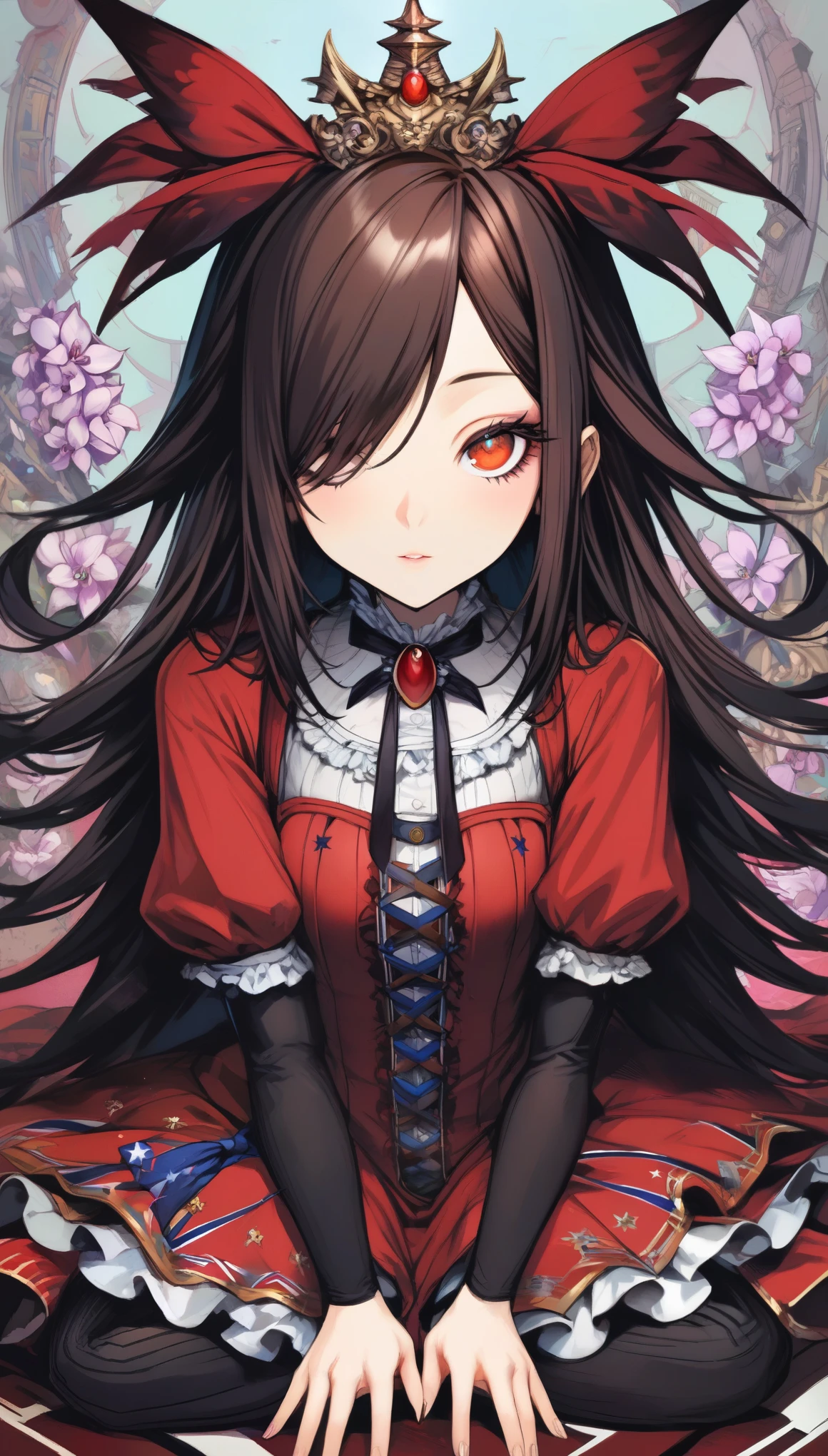 in style of American McGee,1 girl,orchid blooms in the left eye'position,