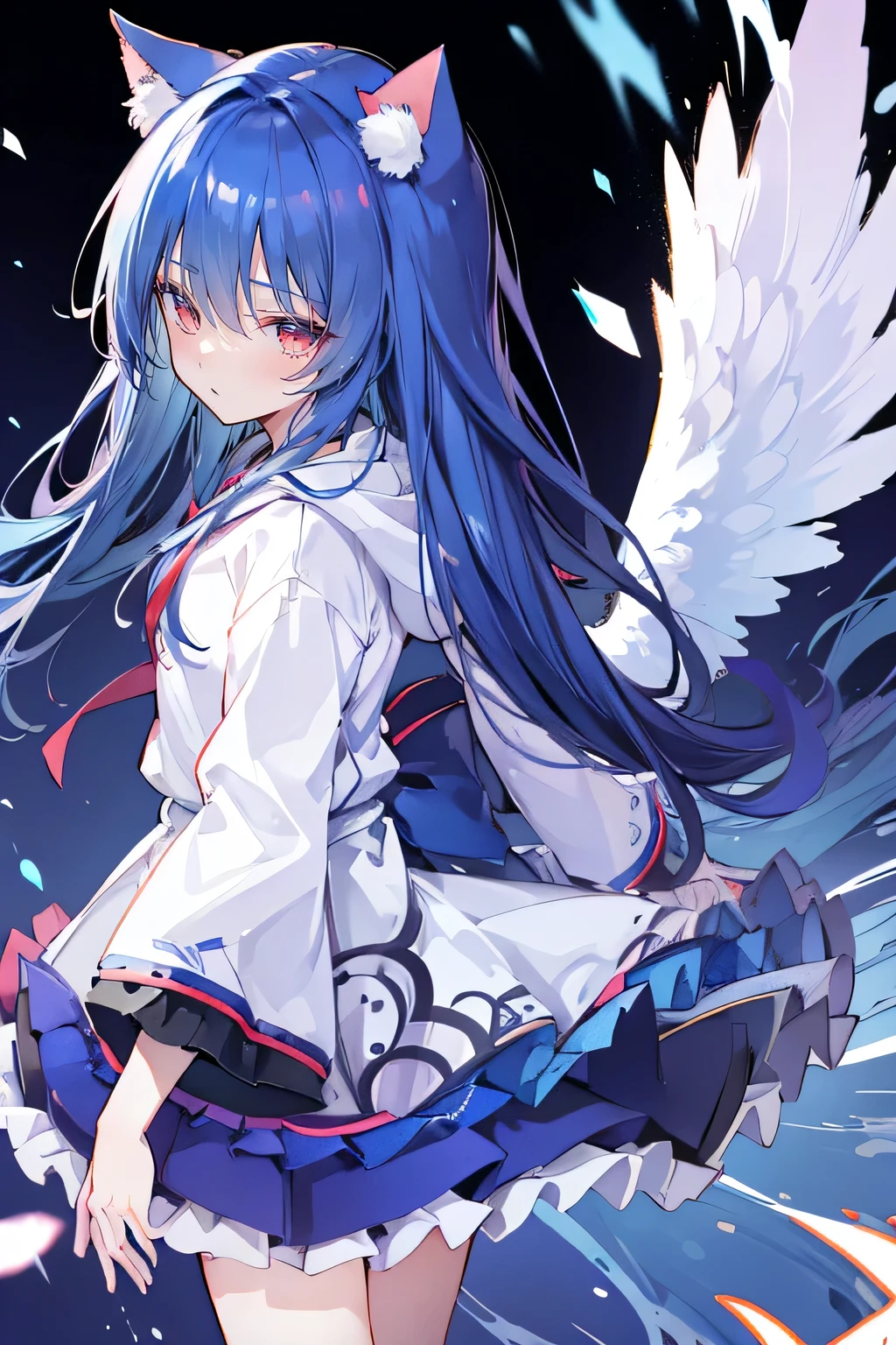 (masterpiece:1.2),Super detailed,lifelike,Expressive eyes,fair skin,perfect face shape,1 girl,
Japanese comics,Gorgeous blue hair,flowing blue hair,flowing clothes,Cat ears,Petals fall,beautiful lola,Baby Angel,
Shaking head with one hand,Cross your legs,Gentle and peaceful background,The pavilion is cool and comfortable,smile, wearing hoodie, background of tokyo,back views,snowing, winter,Angel wings,The world is open,shameful expression、Upper Body、close up、coat、skirt