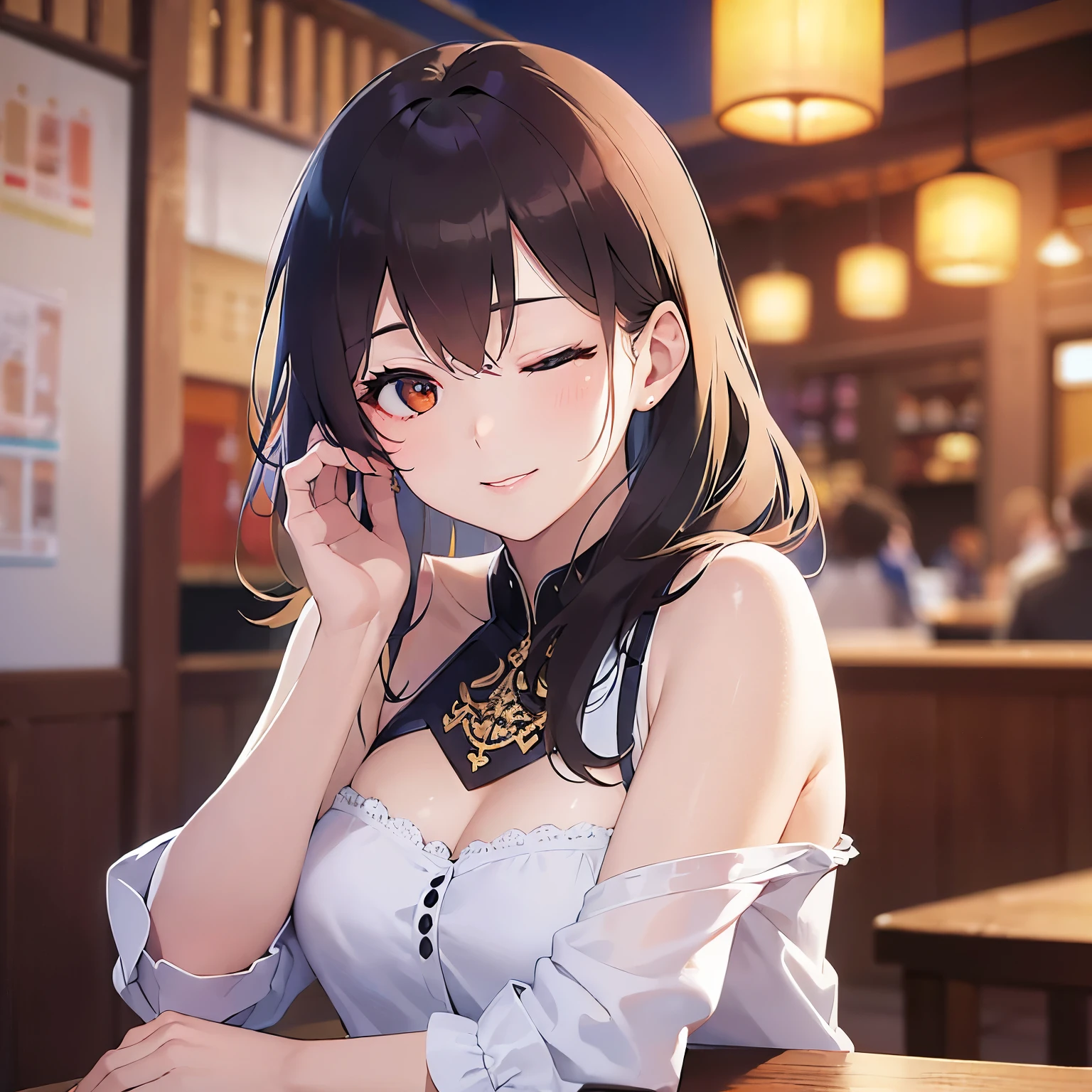 (one eye closed Realistic:1.5),Detailed CG,Ultra-fine illustrations,masterpiece,Highest quality,BREAK(white)and(off shoulder blouse)BREAK,Realistic,real person,(pale skin: 1.2),RAW photo,photorealistic,shiny skin,shiny hair,(A 28-year-old woman with medium-length hair and bangs)and(wavy hair)and(brown hair)and(Orange Eyes),The background is the interior of an izakaya at night.,Alone,Cinema Angle