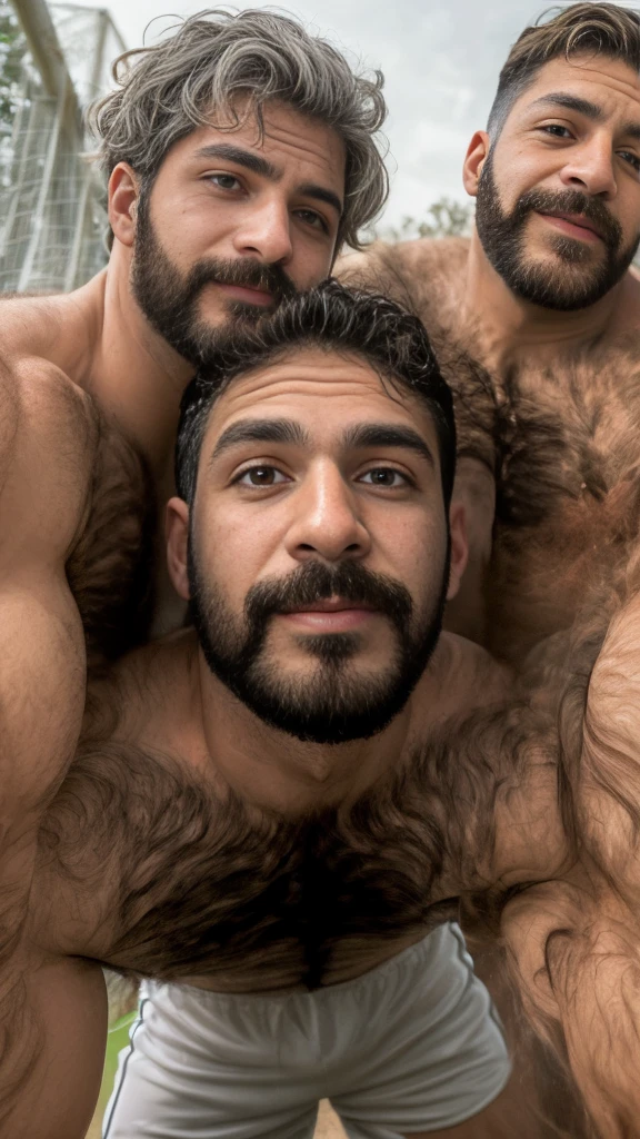 masterpiece, best quality, high resolution, closeup portrait, male focus, solo focus, A indian desi man, 45 years old, grey hair, soccer player, football player, grey silver hair, messy hairstyle, cute and seductive face, bare chest, body hair, facial hair, roman nose, very skinny body, hairy legs, cute, dimples, scruffy beard, goatee, bold jawline , full body, sweaty, in the background an outdoor soccer football field, view from below, amazing composition, front view, HDR, ultra quality, elegant, highly detailed, fully naked, two men, two men hugging, two soccer players in love, two gay men passionate hug, affectionate two men