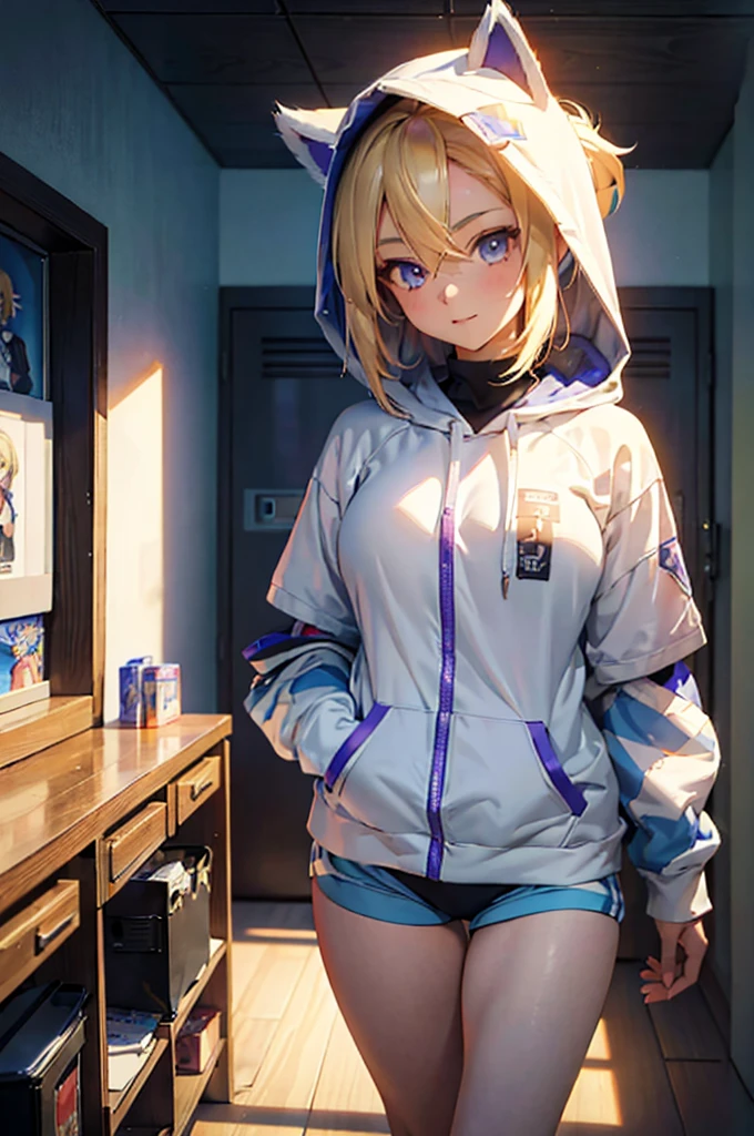 (masterpiece:1.2, best quality), (Very detailed), Gym locker room, 1 Girl, 13-year-old girl, , Long legs, Long hair, Blonde, (White pantielue Sonic the Hedgehog Hoodie)), permanent, Smile, Original Characters, Volumetric Lighting, Best shadow, Shallow depth of field, (best quality, Stunning details:1.25), Colorful paintings