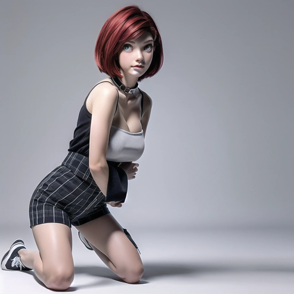 1girl, teenager witch, solo, full body, (short pixie cut Hair, undercut red hair: 1.28), ((light gray eyes)), some small freckles, pale skin, medium breasts, cleavage, (thin hips, thin waist: 1.25), simple background, looking away, (tight ripped black shirt, choker, short shorts, thigh high stockings, plaid b&w sneakers: 1.11), (kneeling:1.5), masterpiece, best quality,3d rending work ,3DMM style, close-up, portrait, 3D,