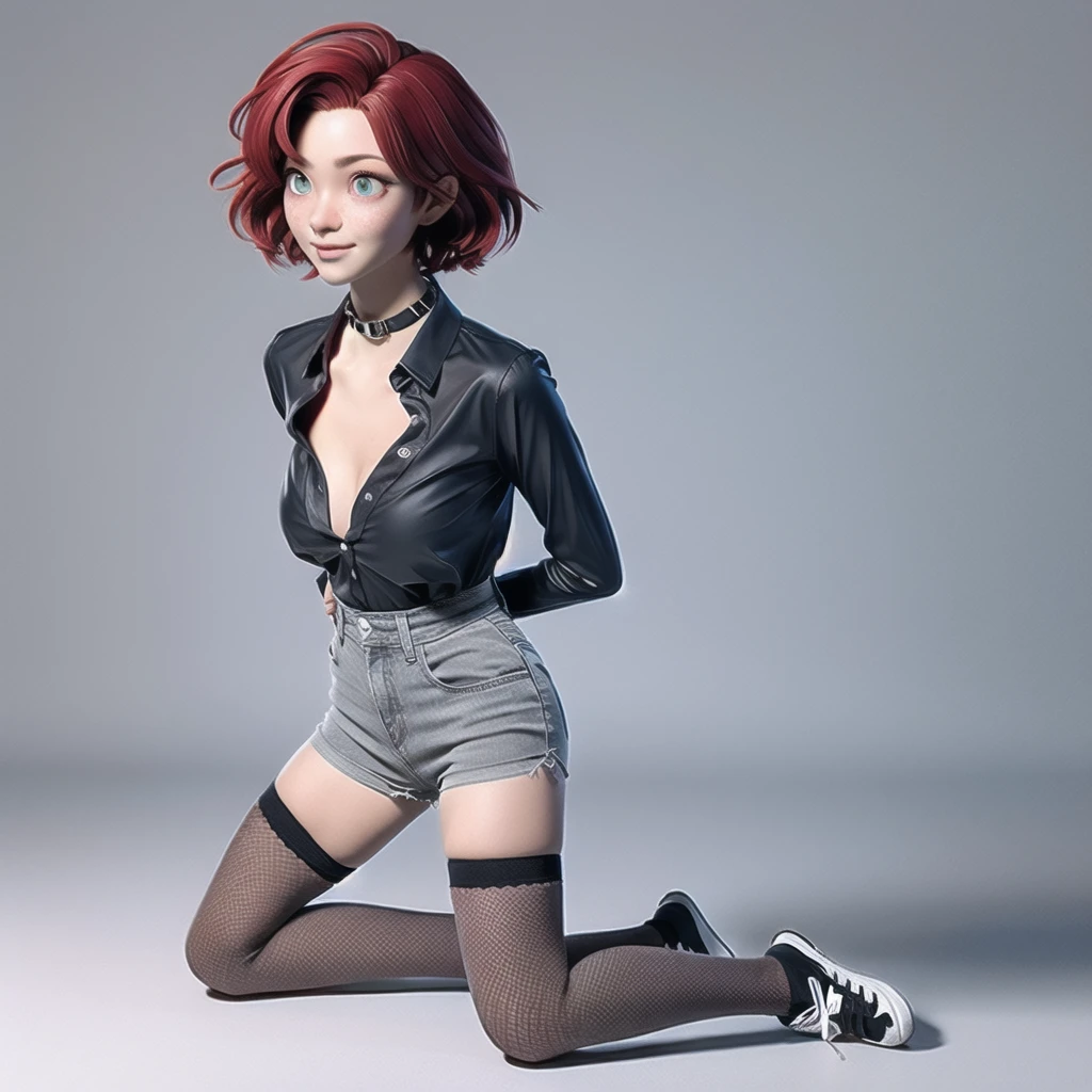 1girl, teenager witch, solo, full body, (short pixie cut Hair, undercut red hair: 1.28), ((light gray eyes)), some small freckles, pale skin, medium breasts, cleavage, (thin hips, thin waist: 1.25), simple background, looking away, (tight ripped black shirt, choker, short shorts, thigh high stockings, plaid b&w sneakers: 1.11), (kneeling:1.5), masterpiece, best quality,3d rending work ,3DMM style, close-up, portrait, 3D,