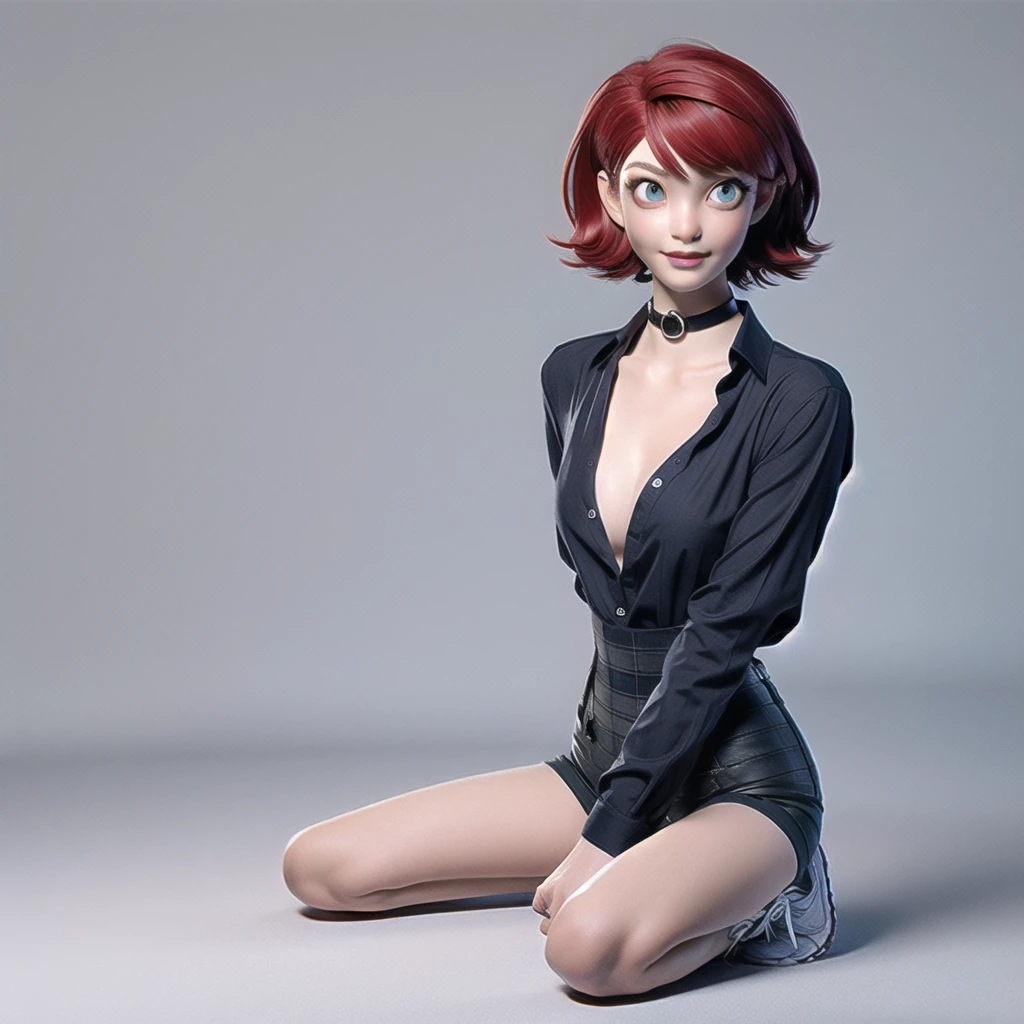1girl, teenager witch, solo, full body, (short pixie cut Hair, undercut red hair: 1.28), ((light gray eyes)), some small freckles, pale skin, medium breasts, cleavage, (thin hips, thin waist: 1.25), simple background, looking away, (tight ripped black shirt, choker, short shorts, thigh high stockings, plaid b&w sneakers: 1.11), (kneeling:1.5), masterpiece, best quality,3d rending work ,3DMM style, close-up, portrait, 3D,