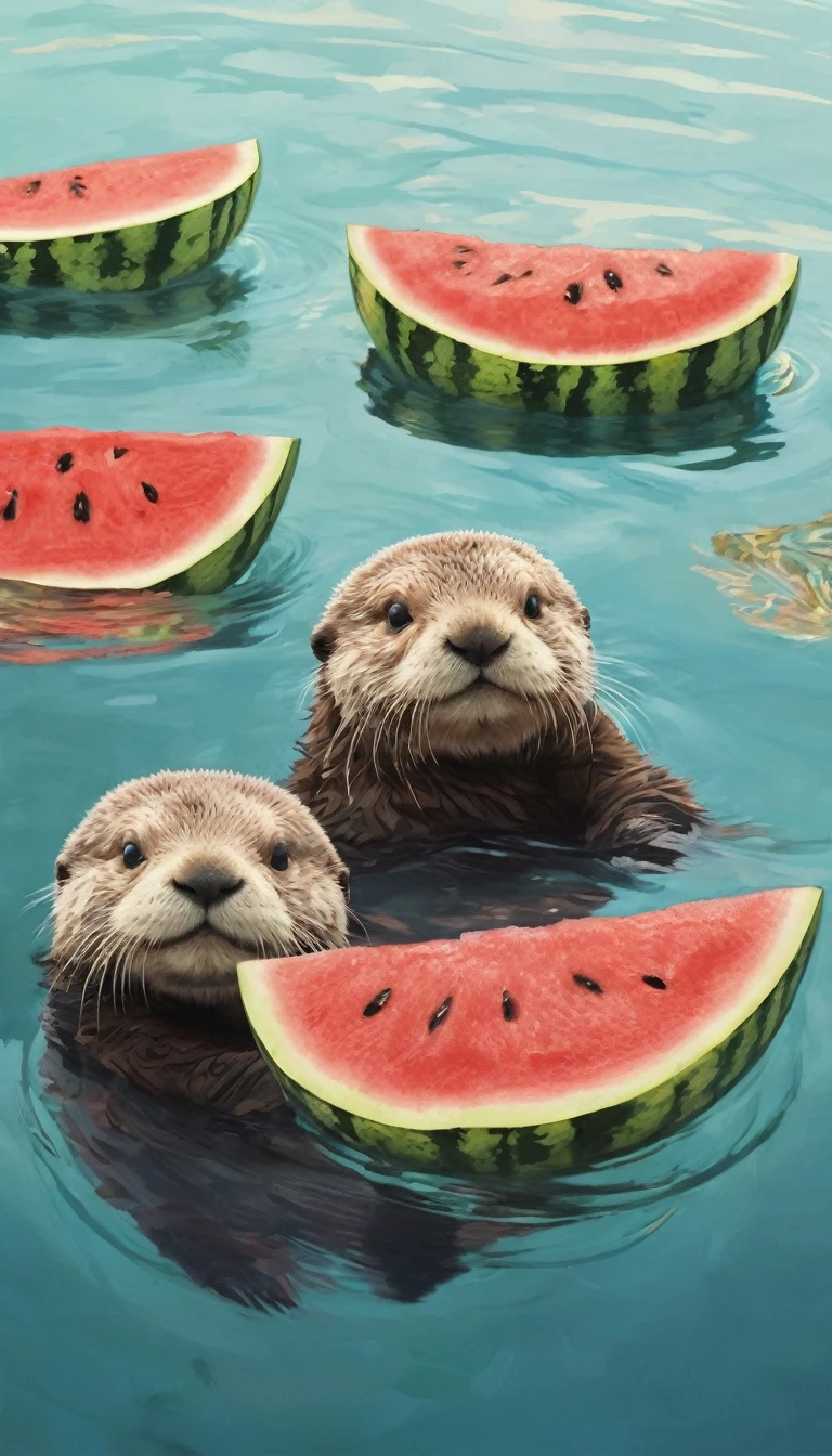Floating in the sea, 2Sea Otters, Have watermelon, anime, animation, sunny