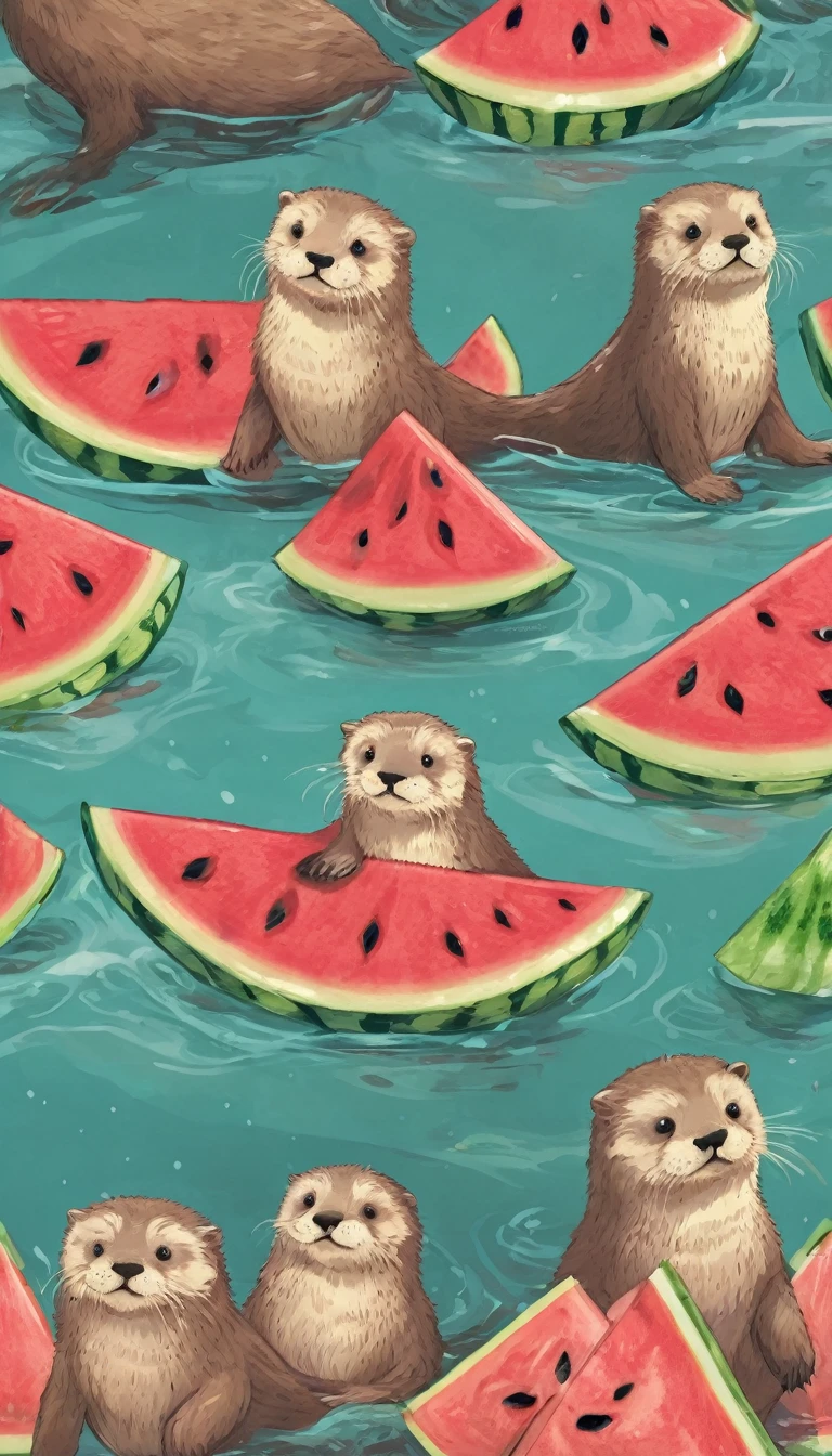 Floating in the sea, 2Sea Otters, Have watermelon, anime, animation, sunny