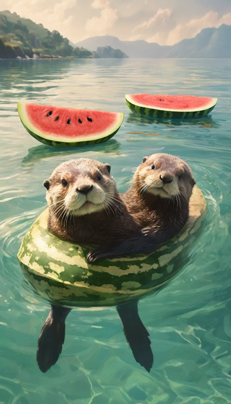 Floating in the sea, ２Sea Otters, Have watermelon, anime, animation, sunny