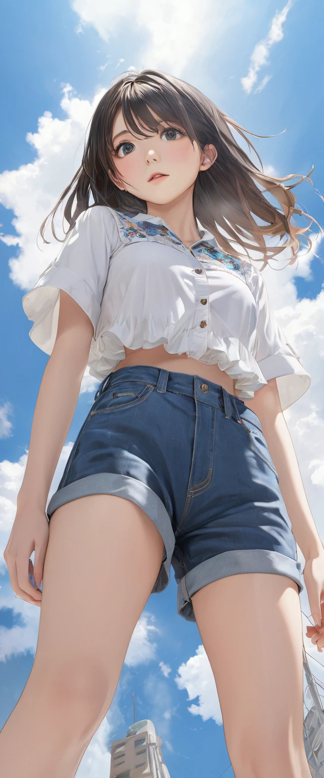 (masterpiece, Highest quality:1.2), One girl, alone,bony body、15 years old、Anime Style、(masterpiece, Highest quality:1.2), One girl, alone,bony body、15 years old、(from below:2) , master piece , best quality , woman , blouse , short denim