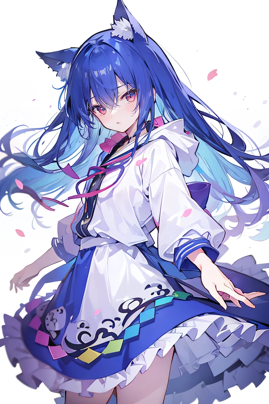 （masterpiece：1.2），Super detailed，lifelike，Expressive eyes，fair skin，perfect face shape，1 girl，
Japanese comics,Gorgeous blue hair,flowing blue hair,flowing clothes,Cat ears,Petals fall,beautiful lola,Baby Angel,
Shaking head with one hand，Cross your legs，Gentle and peaceful background，The pavilion is cool and comfortable,smile, wearing hoodie, background of tokyo,back views,snowing, winter,Angel wings，The world is open，shameful expression、Upper Body、close up、coat、skirt