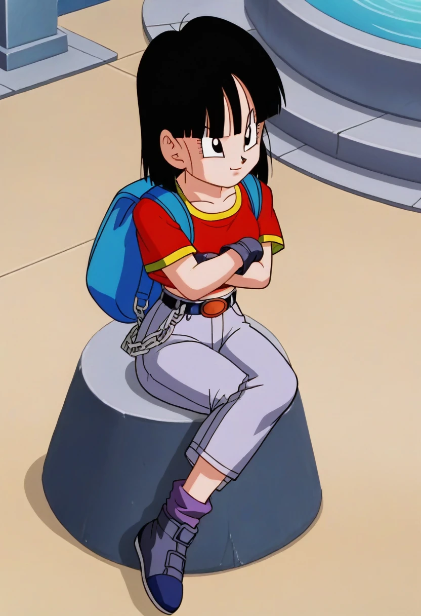 fountain_cheered up, score_9, score_8_above, score_7_above, cheered up screencap,8k, absurd resolution,
Pan \(Dragon Ball\), 1 girl, Alone, looking at the viewer, short hair, hits, black fur, session, whole body, short sleeves, sneakers, black gloves, golden ornaments, loose socks, belt, blue bag, black shoes, black eyes, chain, crossed arms, crossed legs, schoolbag, denim, Red shirt, orange scarf, retro artStyle, female , grey Pants, Waist bag, purple tights, Shoe soles, v shaped eyebrows, from below, rock, diaphragm, clavicle, 1990s \(Style\)
