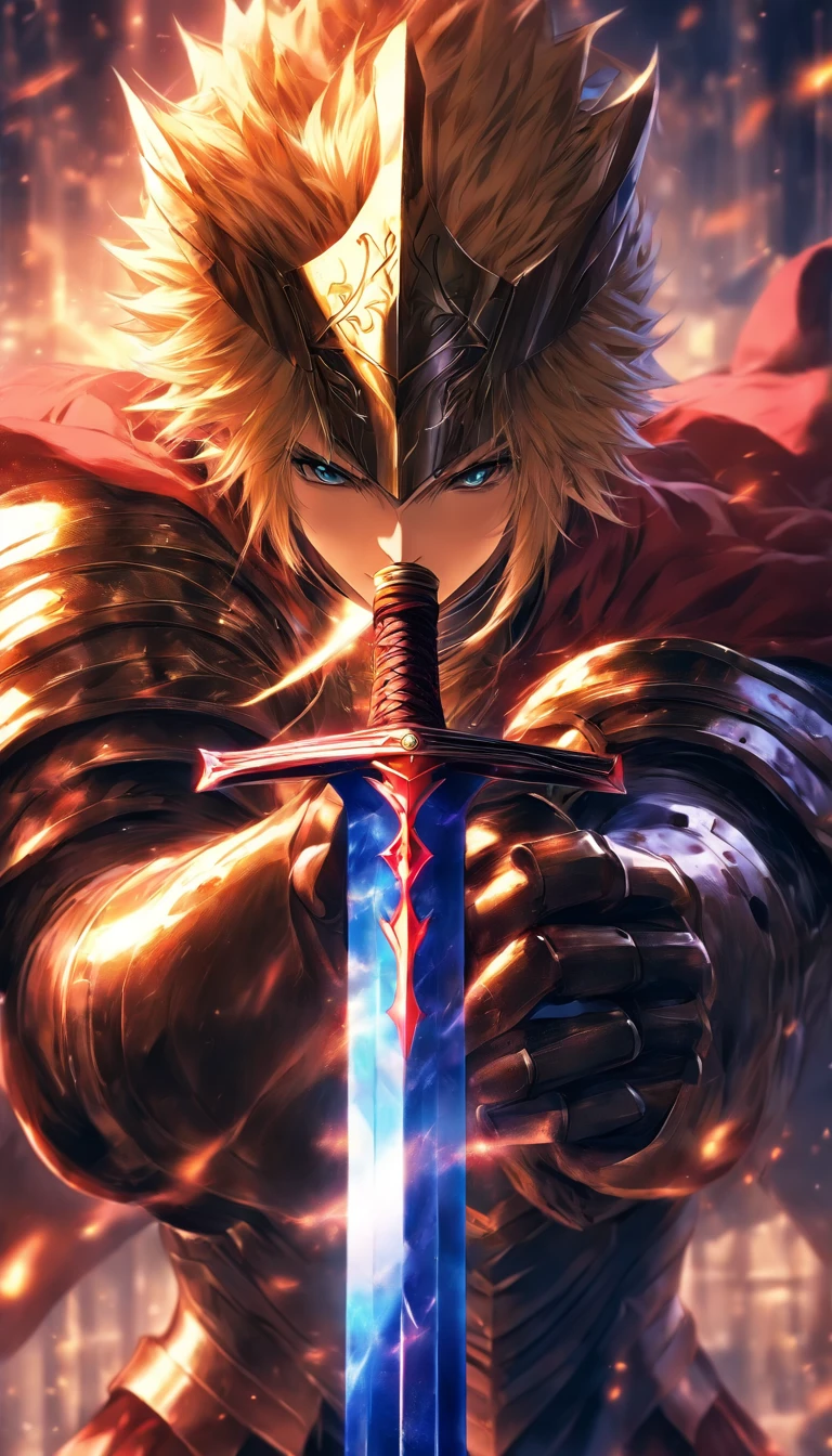 Saber (fate series) holding Excalibur,(sharp focus:1.2),detailed eyes,(moody lighting:1.2), depth of field, bokeh, 4K, HDR.