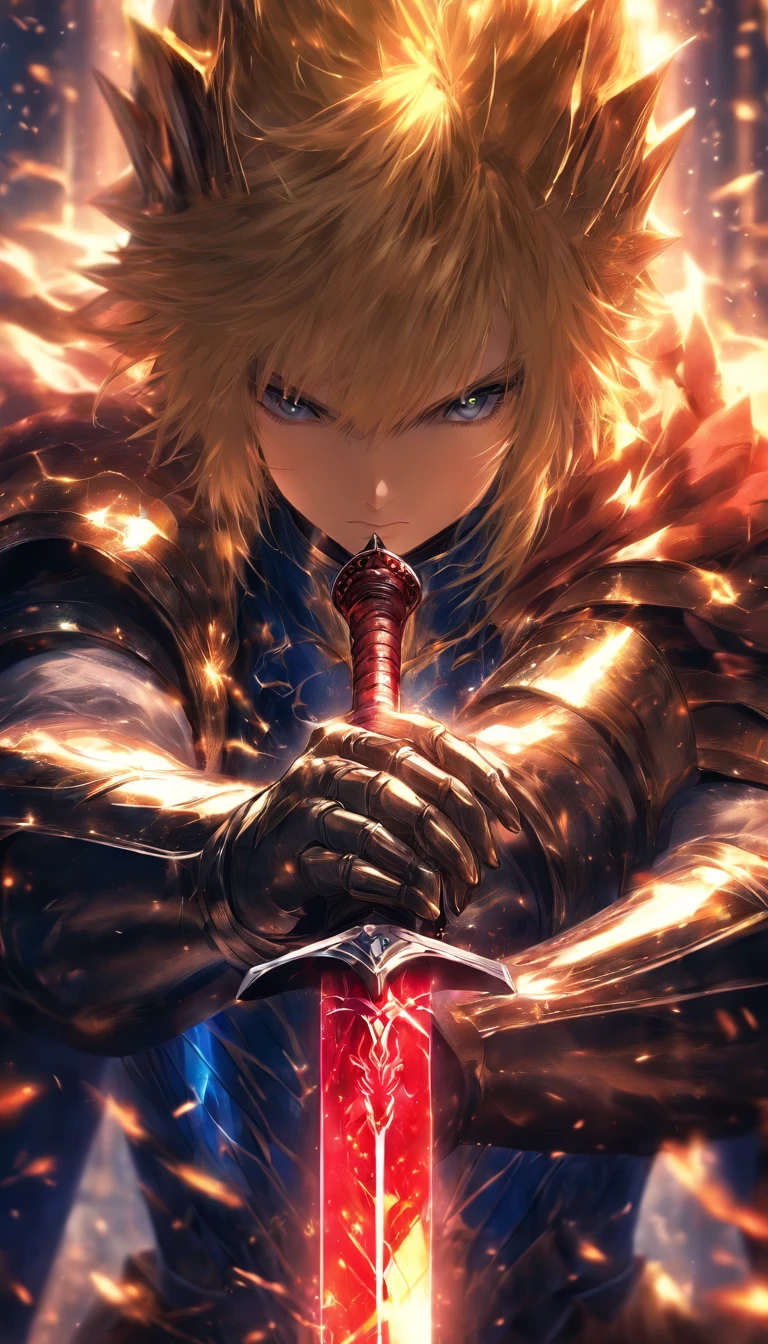 Saber (fate series) holding Excalibur,(sharp focus:1.2),detailed eyes,(moody lighting:1.2), depth of field, bokeh, 4K, HDR.