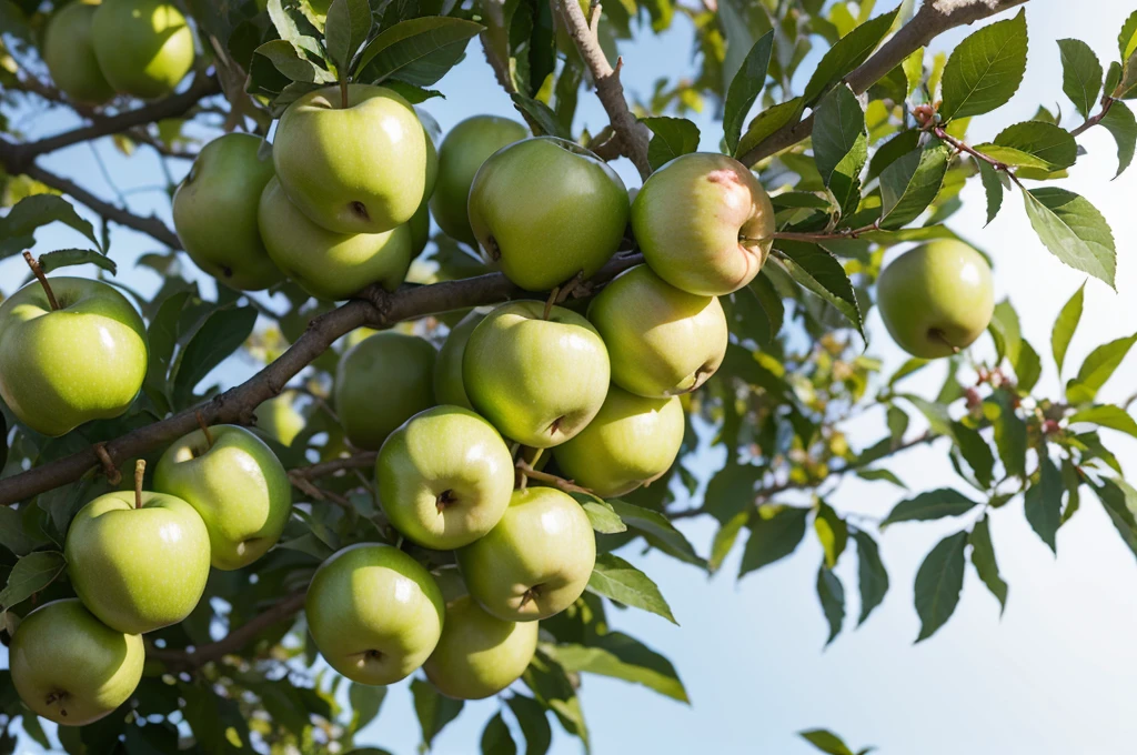 Green apples on branch,Behind is lush branches and leaves